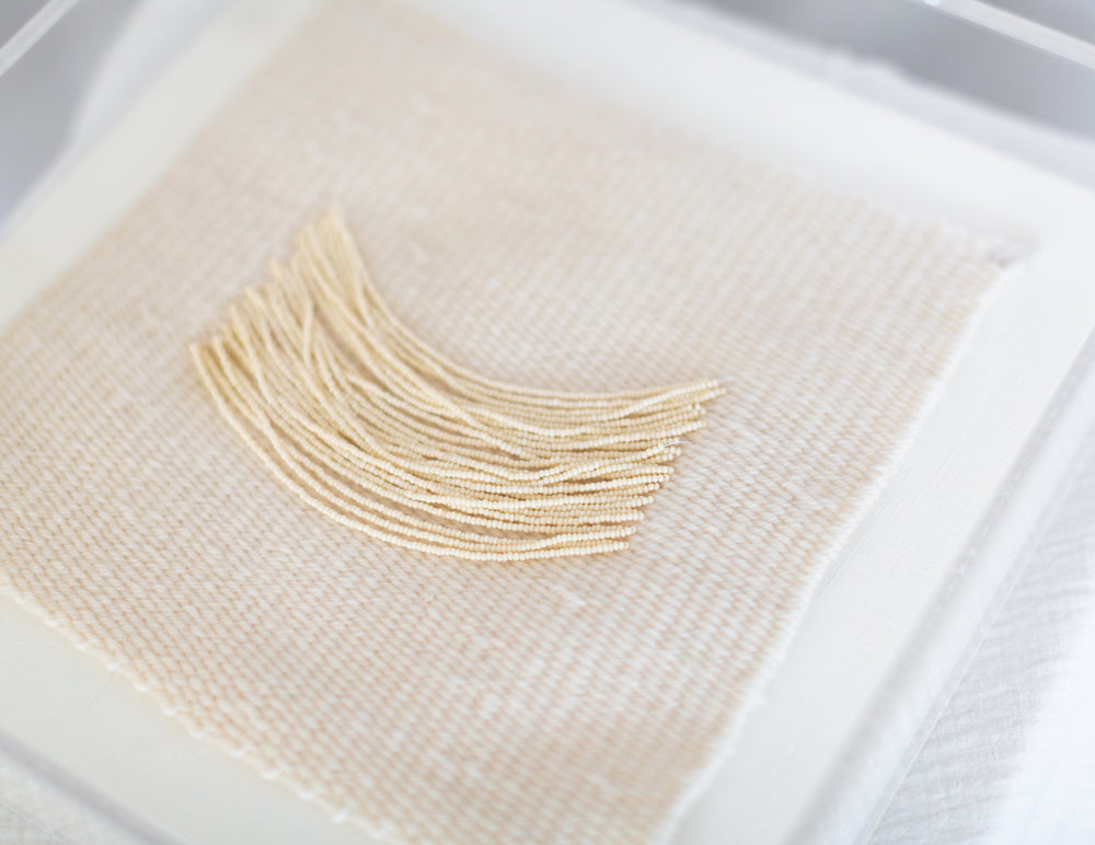 Candice, beaded appliqué, framed weaving, woven wallhanging, wallhanging, woven art, 3d art, unique art, unique wall art, bespoke, bespoke collection, bespoke artwork, bespoke art, bespoke weaving, seven sixteen, 7 16, seven sixteen artist, becky pollard, denver artist, colorado artist, fiber artist, woven art, woven artwork, becky seven sixteen, seven sixteen becky, beaded detail, beading detail, beaded weaving, weaving with beading, tone on tone art, cream art