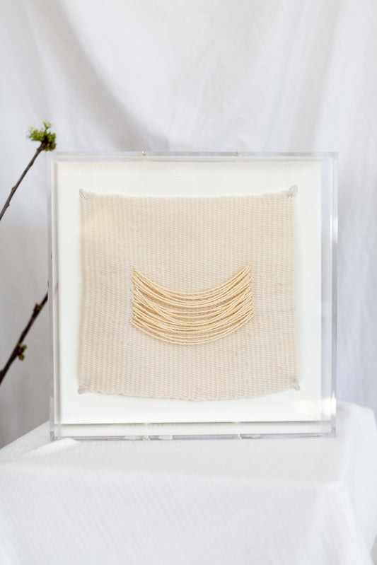 Candice, beaded appliqué, framed weaving, woven wallhanging, wallhanging, woven art, 3d art, unique art, unique wall art, bespoke, bespoke collection, bespoke artwork, bespoke art, bespoke weaving, seven sixteen, 7 16, seven sixteen artist, becky pollard, denver artist, colorado artist, fiber artist, woven art, woven artwork, becky seven sixteen, seven sixteen becky, beaded detail, beading detail, beaded weaving, weaving with beading, tone on tone art, cream art