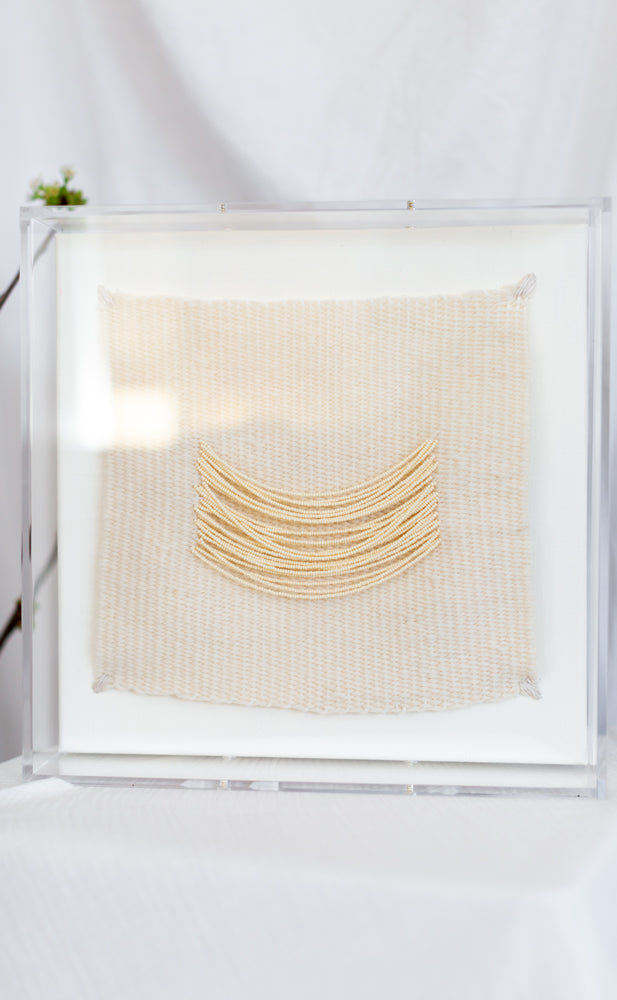 Candice, beaded appliqué, framed weaving, woven wallhanging, wallhanging, woven art, 3d art, unique art, unique wall art, bespoke, bespoke collection, bespoke artwork, bespoke art, bespoke weaving, seven sixteen, 7 16, seven sixteen artist, becky pollard, denver artist, colorado artist, fiber artist, woven art, woven artwork, becky seven sixteen, seven sixteen becky, beaded detail, beading detail, beaded weaving, weaving with beading, tone on tone art, cream art