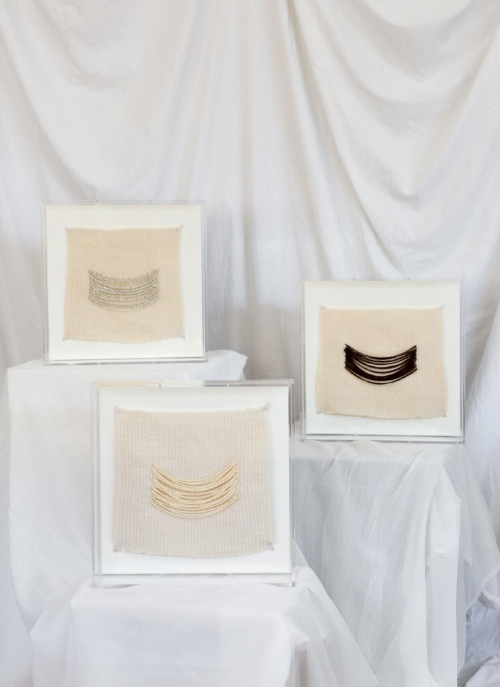 Naomi, beaded appliqué, framed weaving, woven wallhanging, wallhanging, woven art, 3d art, unique art, unique wall art, bespoke, bespoke collection, bespoke artwork, bespoke art, bespoke weaving, seven sixteen, 7 16, seven sixteen artist, becky pollard, denver artist, colorado artist, fiber artist, woven art, woven artwork, becky seven sixteen, seven sixteen becky, beaded detail, beading detail, beaded weaving, weaving with beading, neutral art