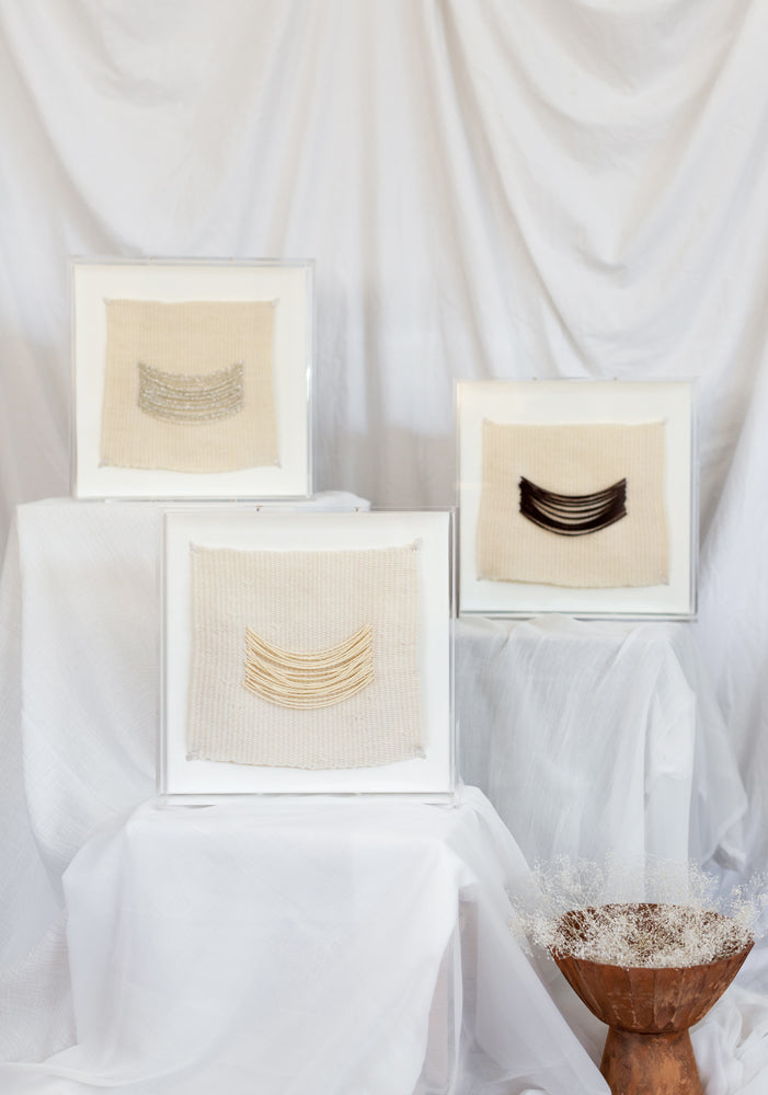 Naomi, beaded appliqué, framed weaving, woven wallhanging, wallhanging, woven art, 3d art, unique art, unique wall art, bespoke, bespoke collection, bespoke artwork, bespoke art, bespoke weaving, seven sixteen, 7 16, seven sixteen artist, becky pollard, denver artist, colorado artist, fiber artist, woven art, woven artwork, becky seven sixteen, seven sixteen becky, beaded detail, beading detail, beaded weaving, weaving with beading, neutral art