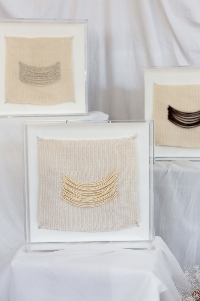 Candice, beaded appliqué, framed weaving, woven wallhanging, wallhanging, woven art, 3d art, unique art, unique wall art, bespoke, bespoke collection, bespoke artwork, bespoke art, bespoke weaving, seven sixteen, 7 16, seven sixteen artist, becky pollard, denver artist, colorado artist, fiber artist, woven art, woven artwork, becky seven sixteen, seven sixteen becky, beaded detail, beading detail, beaded weaving, weaving with beading, tone on tone art, cream art