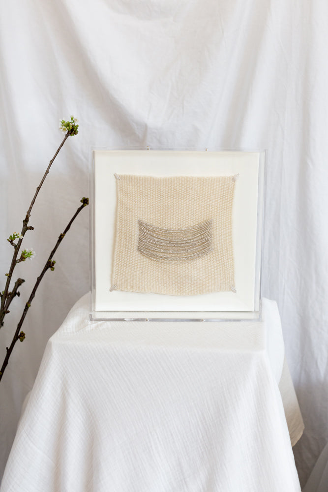 Imogen, beaded appliqué, framed weaving, woven wallhanging, wallhanging, woven art, 3d art, unique art, unique wall art, bespoke, bespoke collection, bespoke artwork, bespoke art, bespoke weaving, seven sixteen, 7 16, seven sixteen artist, becky pollard, denver artist, colorado artist, fiber artist, woven art, woven artwork, becky seven sixteen, seven sixteen becky, beaded detail, beading detail, beaded weaving, weaving with beading, silver art, silver artwork