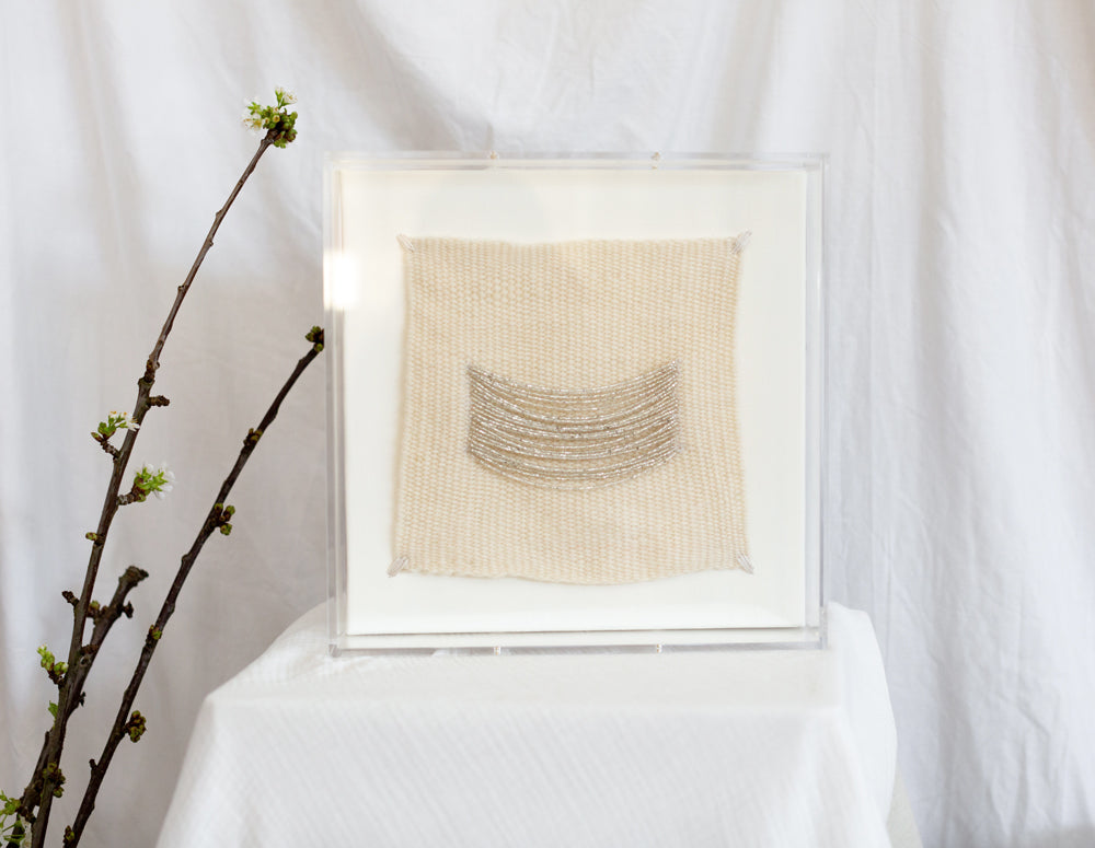 Imogen, beaded appliqué, framed weaving, woven wallhanging, wallhanging, woven art, 3d art, unique art, unique wall art, bespoke, bespoke collection, bespoke artwork, bespoke art, bespoke weaving, seven sixteen, 7 16, seven sixteen artist, becky pollard, denver artist, colorado artist, fiber artist, woven art, woven artwork, becky seven sixteen, seven sixteen becky, beaded detail, beading detail, beaded weaving, weaving with beading, silver art, silver artwork