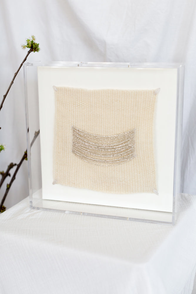 Imogen, beaded appliqué, framed weaving, woven wallhanging, wallhanging, woven art, 3d art, unique art, unique wall art, bespoke, bespoke collection, bespoke artwork, bespoke art, bespoke weaving, seven sixteen, 7 16, seven sixteen artist, becky pollard, denver artist, colorado artist, fiber artist, woven art, woven artwork, becky seven sixteen, seven sixteen becky, beaded detail, beading detail, beaded weaving, weaving with beading, silver art, silver artwork