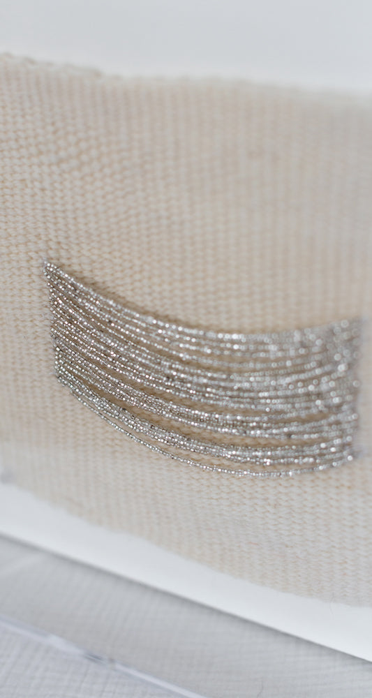 Imogen, beaded appliqué, framed weaving, woven wallhanging, wallhanging, woven art, 3d art, unique art, unique wall art, bespoke, bespoke collection, bespoke artwork, bespoke art, bespoke weaving, seven sixteen, 7 16, seven sixteen artist, becky pollard, denver artist, colorado artist, fiber artist, woven art, woven artwork, becky seven sixteen, seven sixteen becky, beaded detail, beading detail, beaded weaving, weaving with beading, silver art, silver artwork