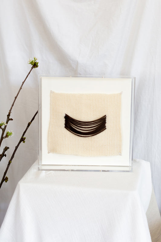 Naomi, beaded appliqué, framed weaving, woven wallhanging, wallhanging, woven art, 3d art, unique art, unique wall art, bespoke, bespoke collection, bespoke artwork, bespoke art, bespoke weaving, seven sixteen, 7 16, seven sixteen artist, becky pollard, denver artist, colorado artist, fiber artist, woven art, woven artwork, becky seven sixteen, seven sixteen becky, beaded detail, beading detail, beaded weaving, weaving with beading, neutral art