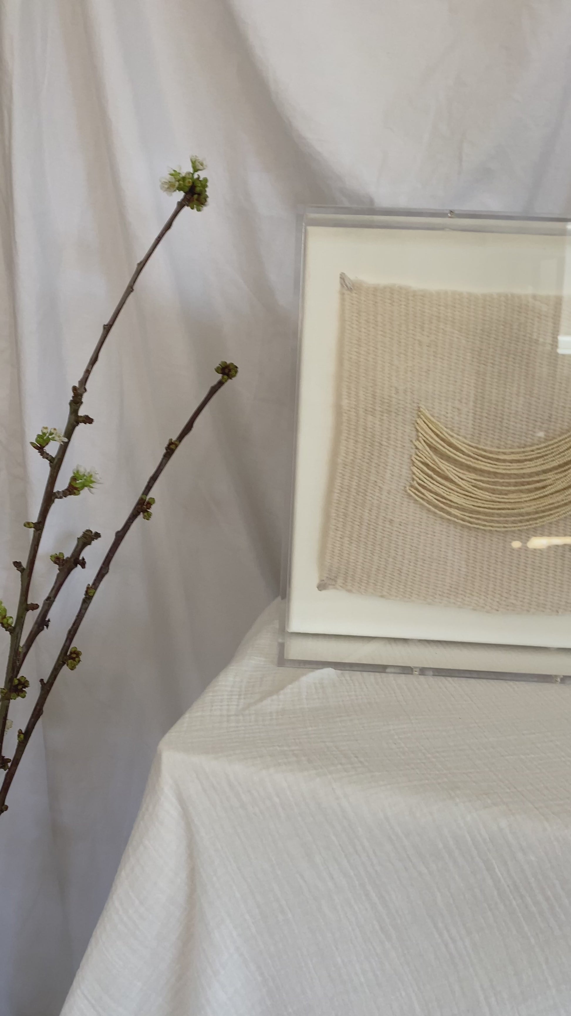 Candice, beaded appliqué, framed weaving, woven wallhanging, wallhanging, woven art, 3d art, unique art, unique wall art, bespoke, bespoke collection, bespoke artwork, bespoke art, bespoke weaving, seven sixteen, 7 16, seven sixteen artist, becky pollard, denver artist, colorado artist, fiber artist, woven art, woven artwork, becky seven sixteen, seven sixteen becky, beaded detail, beading detail, beaded weaving, weaving with beading, tone on tone art, cream art