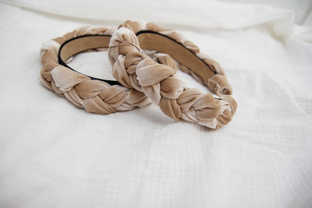 Tan Velvet Braided Headband, Sample