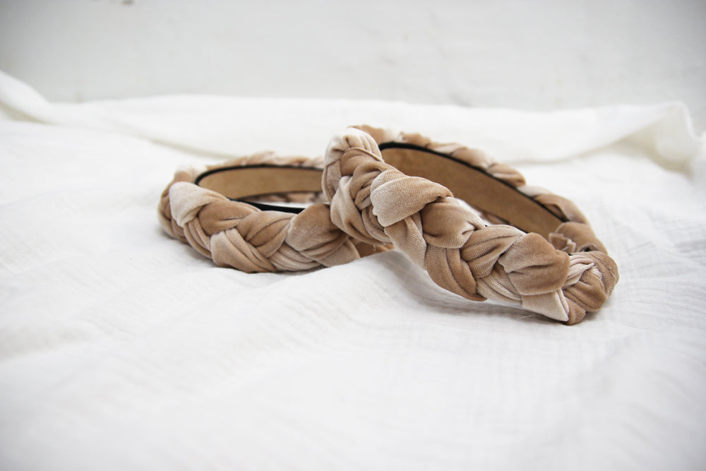 Tan Velvet Braided Headband, Sample