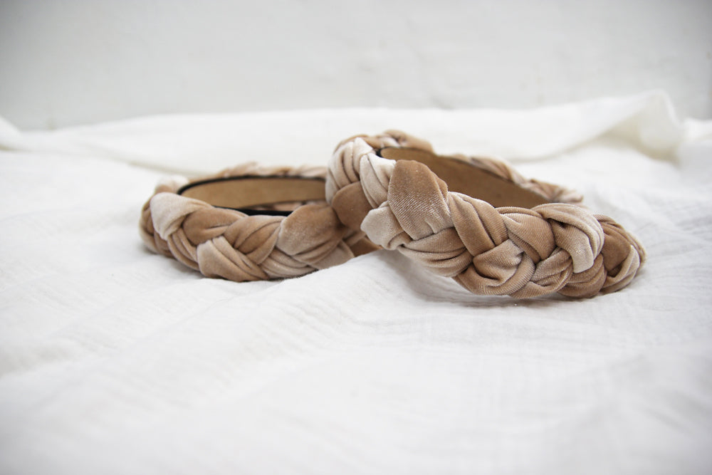 Tan Velvet Braided Headband, Sample