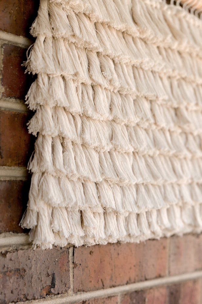 outdoor art, patio art, indoor outdoor art, outdoor wallhanging, outdoor wallhanging, outdoor weaving, outdoor macrame, becky pollard, seven sixteen, colorado art, colorado artist, denver art, denver artist, art for patio, art for outside, art for outdoors, black and white wallhanging, neutral wallhanging, cotton wallhanging, cotton weaving, modern weaving, indoor outdoor art, indoor outdoor weaving, indoor outdoor decor, patio decor, patio styling, 7 16, seven sixteen artist, fiber artist, woven art