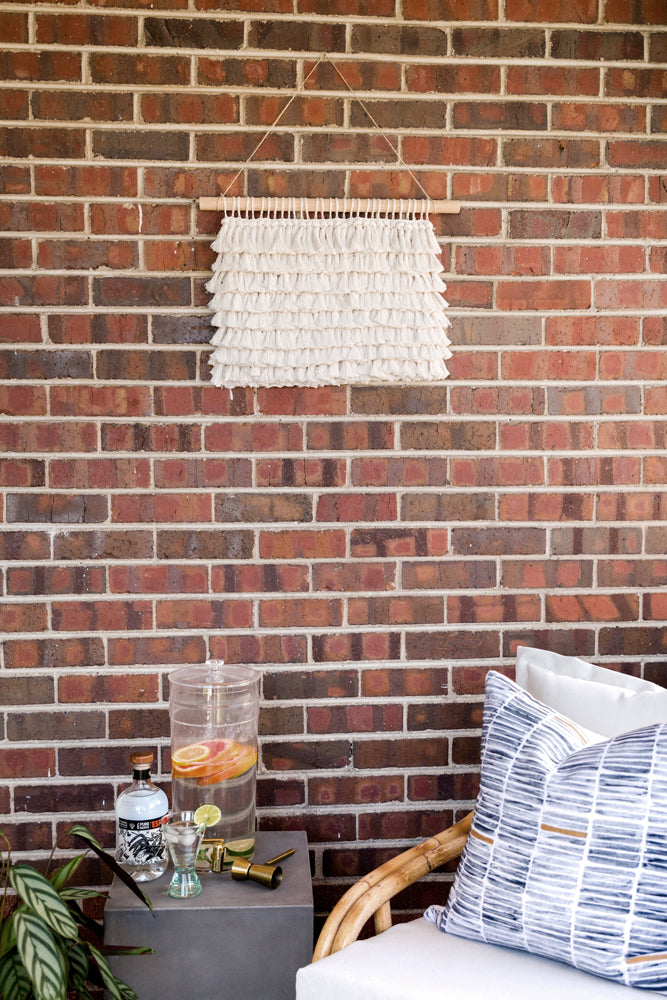 outdoor art, patio art, indoor outdoor art, outdoor wallhanging, outdoor wallhanging, outdoor weaving, outdoor macrame, becky pollard, seven sixteen, colorado art, colorado artist, denver art, denver artist, art for patio, art for outside, art for outdoors, black and white wallhanging, neutral wallhanging, cotton wallhanging, cotton weaving, modern weaving, indoor outdoor art, indoor outdoor weaving, indoor outdoor decor, patio decor, patio styling, 7 16, seven sixteen artist, fiber artist, woven art