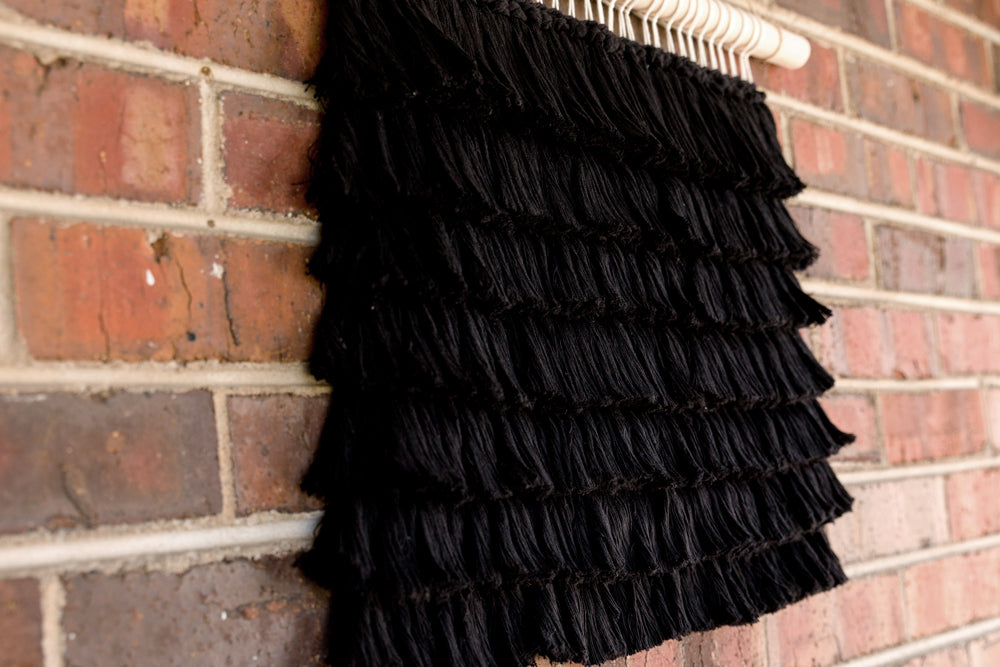 outdoor art, patio art, indoor outdoor art, outdoor wallhanging, outdoor wallhanging, outdoor weaving, outdoor macrame, becky pollard, seven sixteen, colorado art, colorado artist, denver art, denver artist, art for patio, art for outside, art for outdoors, black and white wallhanging, neutral wallhanging, cotton wallhanging, cotton weaving, modern weaving, indoor outdoor art, indoor outdoor weaving, indoor outdoor decor, patio decor, patio styling, 7 16, seven sixteen artist, fiber artist, woven art