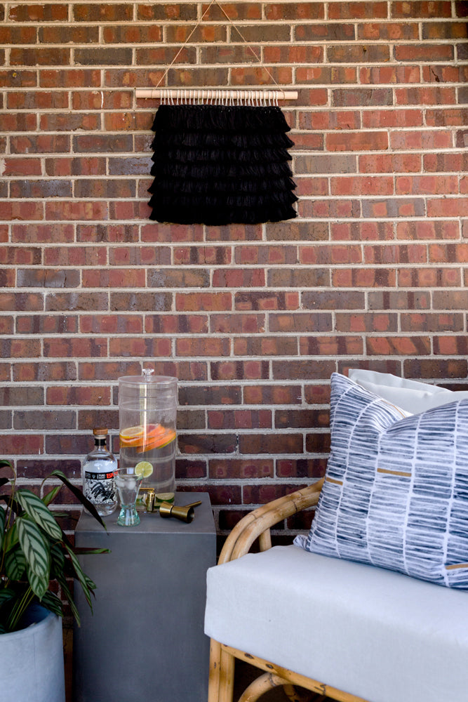 outdoor art, patio art, indoor outdoor art, outdoor wallhanging, outdoor wallhanging, outdoor weaving, outdoor macrame, becky pollard, seven sixteen, colorado art, colorado artist, denver art, denver artist, art for patio, art for outside, art for outdoors, black and white wallhanging, neutral wallhanging, cotton wallhanging, cotton weaving, modern weaving, indoor outdoor art, indoor outdoor weaving, indoor outdoor decor, patio decor, patio styling, 7 16, seven sixteen artist, fiber artist, woven art