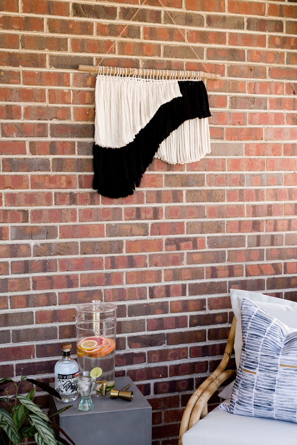 outdoor art, patio art, indoor outdoor art, outdoor wallhanging, outdoor wallhanging, outdoor weaving, outdoor macrame, becky pollard, seven sixteen, colorado art, colorado artist, denver art, denver artist, art for patio, art for outside, art for outdoors, black and white wallhanging, neutral wallhanging, cotton wallhanging, cotton weaving, modern weaving, indoor outdoor art, indoor outdoor weaving, indoor outdoor decor, patio decor, patio styling, 7 16, seven sixteen artist, fiber artist, woven art