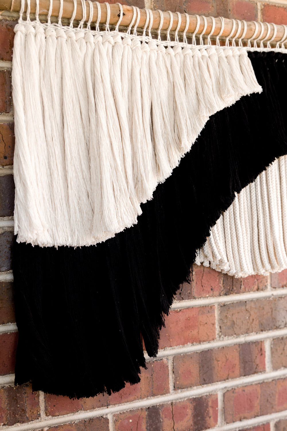 outdoor art, patio art, indoor outdoor art, outdoor wallhanging, outdoor wallhanging, outdoor weaving, outdoor macrame, becky pollard, seven sixteen, colorado art, colorado artist, denver art, denver artist, art for patio, art for outside, art for outdoors, black and white wallhanging, neutral wallhanging, cotton wallhanging, cotton weaving, modern weaving, indoor outdoor art, indoor outdoor weaving, indoor outdoor decor, patio decor, patio styling, 7 16, seven sixteen artist, fiber artist, woven art