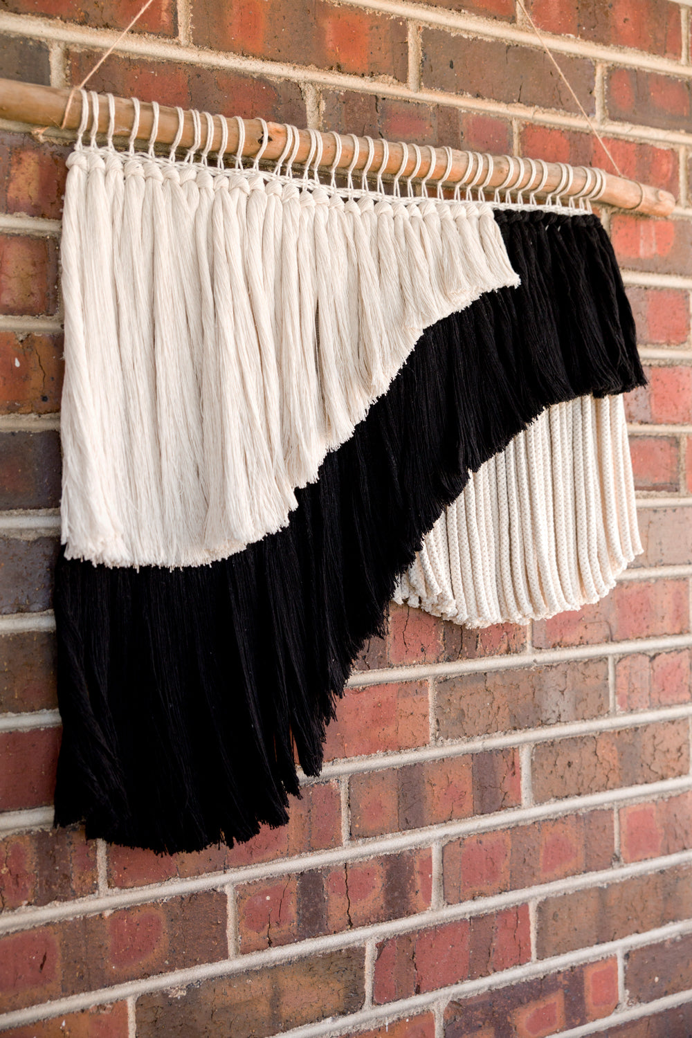 outdoor art, patio art, indoor outdoor art, outdoor wallhanging, outdoor wallhanging, outdoor weaving, outdoor macrame, becky pollard, seven sixteen, colorado art, colorado artist, denver art, denver artist, art for patio, art for outside, art for outdoors, black and white wallhanging, neutral wallhanging, cotton wallhanging, cotton weaving, modern weaving, indoor outdoor art, indoor outdoor weaving, indoor outdoor decor, patio decor, patio styling, 7 16, seven sixteen artist, fiber artist, woven art