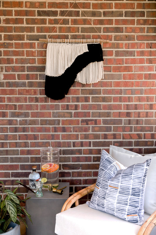 outdoor art, patio art, indoor outdoor art, outdoor wallhanging, outdoor wallhanging, outdoor weaving, outdoor macrame, becky pollard, seven sixteen, colorado art, colorado artist, denver art, denver artist, art for patio, art for outside, art for outdoors, black and white wallhanging, neutral wallhanging, cotton wallhanging, cotton weaving, modern weaving, indoor outdoor art, indoor outdoor weaving, indoor outdoor decor, patio decor, patio styling, 7 16, seven sixteen artist, fiber artist, woven art