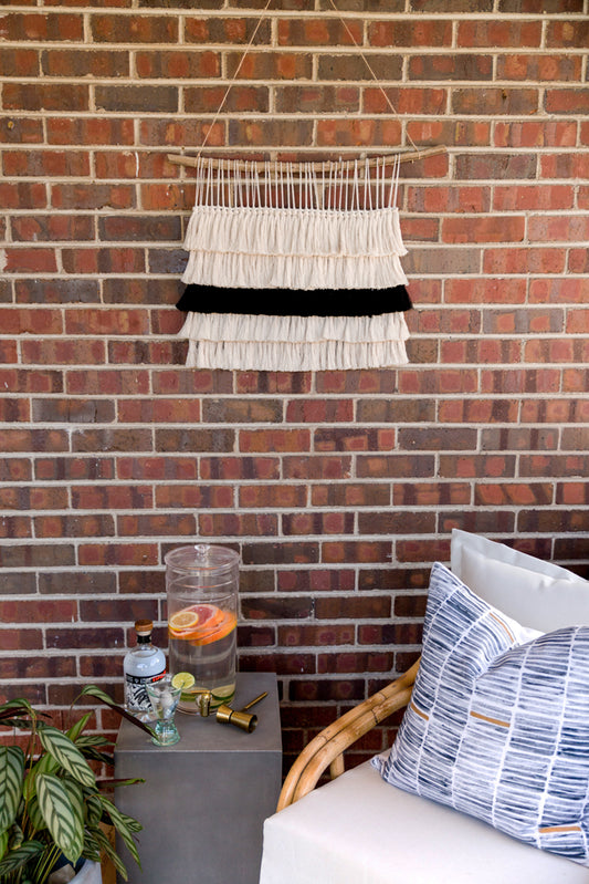 outdoor art, patio art, indoor outdoor art, outdoor wallhanging, outdoor wallhanging, outdoor weaving, outdoor macrame, becky pollard, seven sixteen, colorado art, colorado artist, denver art, denver artist, art for patio, art for outside, art for outdoors, black and white wallhanging, neutral wallhanging, cotton wallhanging, cotton weaving, modern weaving, indoor outdoor art, indoor outdoor weaving, indoor outdoor decor, patio decor, patio styling, 7 16, seven sixteen artist, fiber artist, woven art