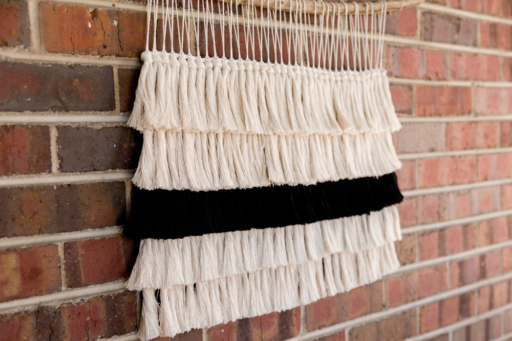 outdoor art, patio art, indoor outdoor art, outdoor wallhanging, outdoor wallhanging, outdoor weaving, outdoor macrame, becky pollard, seven sixteen, colorado art, colorado artist, denver art, denver artist, art for patio, art for outside, art for outdoors, black and white wallhanging, neutral wallhanging, cotton wallhanging, cotton weaving, modern weaving, indoor outdoor art, indoor outdoor weaving, indoor outdoor decor, patio decor, patio styling, 7 16, seven sixteen artist, fiber artist, woven art