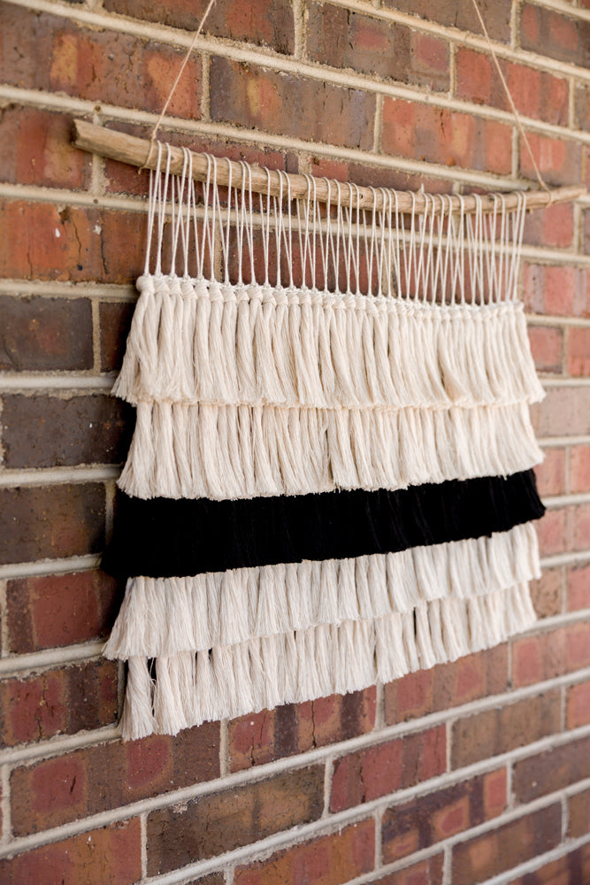 outdoor art, patio art, indoor outdoor art, outdoor wallhanging, outdoor wallhanging, outdoor weaving, outdoor macrame, becky pollard, seven sixteen, colorado art, colorado artist, denver art, denver artist, art for patio, art for outside, art for outdoors, black and white wallhanging, neutral wallhanging, cotton wallhanging, cotton weaving, modern weaving, indoor outdoor art, indoor outdoor weaving, indoor outdoor decor, patio decor, patio styling, 7 16, seven sixteen artist, fiber artist, woven art