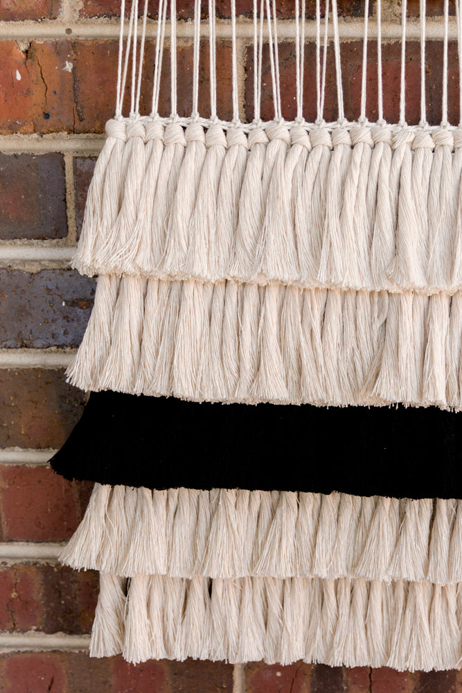 outdoor art, patio art, indoor outdoor art, outdoor wallhanging, outdoor wallhanging, outdoor weaving, outdoor macrame, becky pollard, seven sixteen, colorado art, colorado artist, denver art, denver artist, art for patio, art for outside, art for outdoors, black and white wallhanging, neutral wallhanging, cotton wallhanging, cotton weaving, modern weaving, indoor outdoor art, indoor outdoor weaving, indoor outdoor decor, patio decor, patio styling, 7 16, seven sixteen artist, fiber artist, woven art