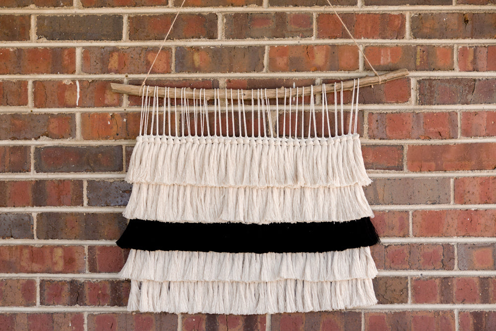 outdoor art, patio art, indoor outdoor art, outdoor wallhanging, outdoor wallhanging, outdoor weaving, outdoor macrame, becky pollard, seven sixteen, colorado art, colorado artist, denver art, denver artist, art for patio, art for outside, art for outdoors, black and white wallhanging, neutral wallhanging, cotton wallhanging, cotton weaving, modern weaving, indoor outdoor art, indoor outdoor weaving, indoor outdoor decor, patio decor, patio styling, 7 16, seven sixteen artist, fiber artist, woven art