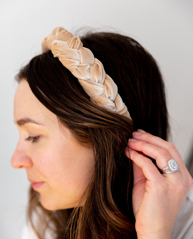 Tan Velvet Braided Headband