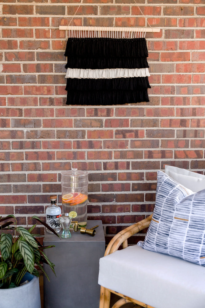 outdoor art, patio art, indoor outdoor art, outdoor wallhanging, outdoor wallhanging, outdoor weaving, outdoor macrame, becky pollard, seven sixteen, colorado art, colorado artist, denver art, denver artist, art for patio, art for outside, art for outdoors, black and white wallhanging, neutral wallhanging, cotton wallhanging, cotton weaving, modern weaving, indoor outdoor art, indoor outdoor weaving, indoor outdoor decor, patio decor, patio styling, 7 16, seven sixteen artist, fiber artist, woven art, Tatum