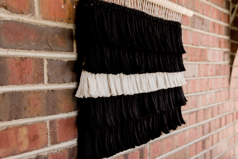 outdoor art, patio art, indoor outdoor art, outdoor wallhanging, outdoor wallhanging, outdoor weaving, outdoor macrame, becky pollard, seven sixteen, colorado art, colorado artist, denver art, denver artist, art for patio, art for outside, art for outdoors, black and white wallhanging, neutral wallhanging, cotton wallhanging, cotton weaving, modern weaving, indoor outdoor art, indoor outdoor weaving, indoor outdoor decor, patio decor, patio styling, 7 16, seven sixteen artist, fiber artist, woven art, Tatum