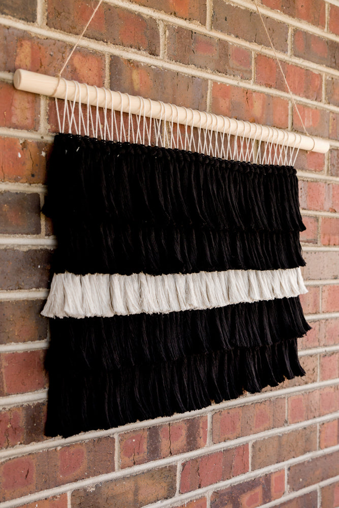 outdoor art, patio art, indoor outdoor art, outdoor wallhanging, outdoor wallhanging, outdoor weaving, outdoor macrame, becky pollard, seven sixteen, colorado art, colorado artist, denver art, denver artist, art for patio, art for outside, art for outdoors, black and white wallhanging, neutral wallhanging, cotton wallhanging, cotton weaving, modern weaving, indoor outdoor art, indoor outdoor weaving, indoor outdoor decor, patio decor, patio styling, 7 16, seven sixteen artist, fiber artist, woven art, Tatum