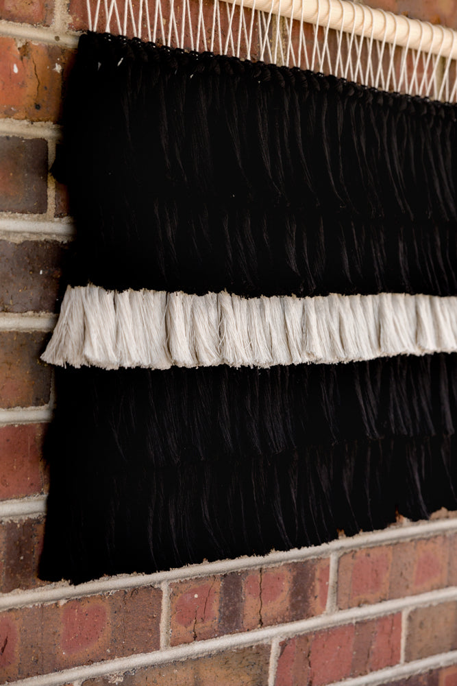 outdoor art, patio art, indoor outdoor art, outdoor wallhanging, outdoor wallhanging, outdoor weaving, outdoor macrame, becky pollard, seven sixteen, colorado art, colorado artist, denver art, denver artist, art for patio, art for outside, art for outdoors, black and white wallhanging, neutral wallhanging, cotton wallhanging, cotton weaving, modern weaving, indoor outdoor art, indoor outdoor weaving, indoor outdoor decor, patio decor, patio styling, 7 16, seven sixteen artist, fiber artist, woven art, Tatum