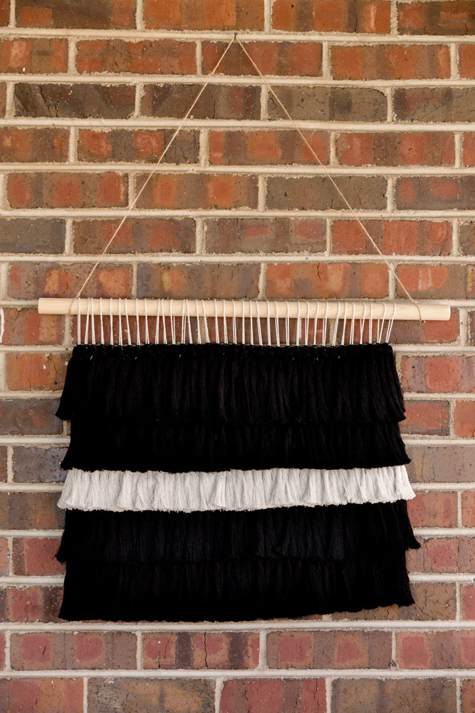 outdoor art, patio art, indoor outdoor art, outdoor wallhanging, outdoor wallhanging, outdoor weaving, outdoor macrame, becky pollard, seven sixteen, colorado art, colorado artist, denver art, denver artist, art for patio, art for outside, art for outdoors, black and white wallhanging, neutral wallhanging, cotton wallhanging, cotton weaving, modern weaving, indoor outdoor art, indoor outdoor weaving, indoor outdoor decor, patio decor, patio styling, 7 16, seven sixteen artist, fiber artist, woven art, Tatum