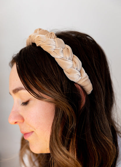 Tan Velvet Braided Headband, Sample